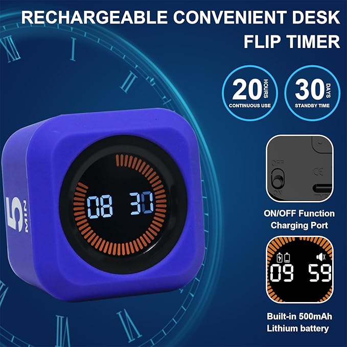 FCXJTU Rotating Pomodoro Cube Visual Timer 5, 25, 10 50 Minutes Preset, Rechargeable Desk Productivity Flip Timer w/Silicone Cover Custom Countdown, Silent Mode for ADHD, Study, Work, School(Blue)