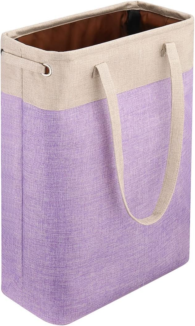 i BKGOO Laundry Basket with Handles Beige&Purple Slim Laundry Bin Collapsible Dirty Clothes Basket Narrow Laundry Bag Foldable Dirty Hamper for Camping, Dorms, Apartments