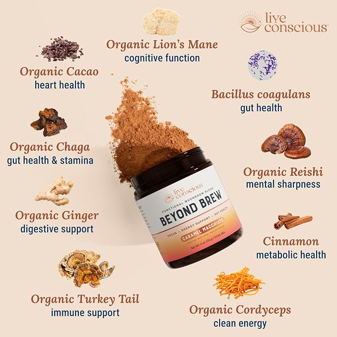 Beyond Brew Caramel Macchiato Coffee Alternative - Low Caffeine Superfood - Powerful Mushroom Complex with Lion’s Mane, Reishi & Chaga - Brewed Drink with Prebiotics & Probiotics - 30 Servings