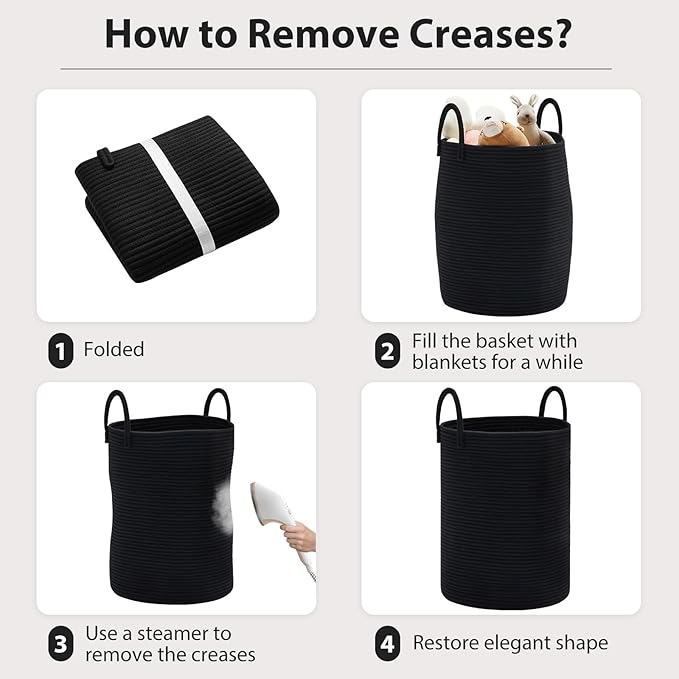 72L Large Woven Laundry Hamper by Fiona's magic, Tall Cotton Rope Storage Basket, Jute Baby Nursery Hamper for Blankets, Toys and Clothes in Bedroom and Living Room Organizing, Black