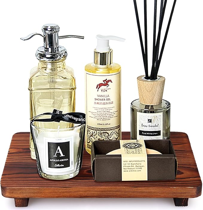 Farmhouse Bathroom Counter Tray Wood Risers Display Stands Kitchen Countertop Trays Decorative Dish Soap Dispenser Holder for Bathroom Sink Accessories Wooden Pedestal Stand Kitchen Decor Vanity Tray