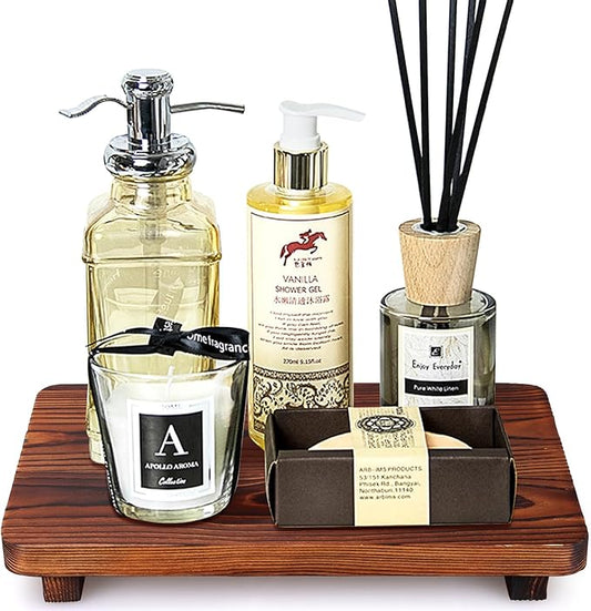 Farmhouse Bathroom Counter Tray Wood Risers Display Stands Kitchen Countertop Trays Decorative Dish Soap Dispenser Holder for Bathroom Sink Accessories Wooden Pedestal Stand Kitchen Decor Vanity Tray