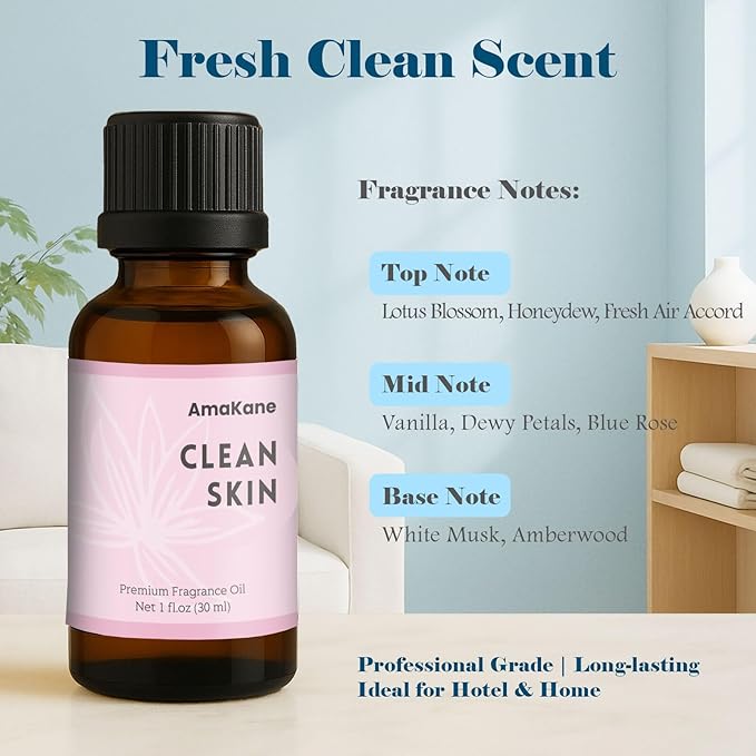 AmaKane Clean Skin Fragrance Oil 30ml, Clean Essential Oil, Fresh Floral Diffuser Oil for Home, Long-Lasting Aromatherapy Oil, Candle, Soap Making Scents