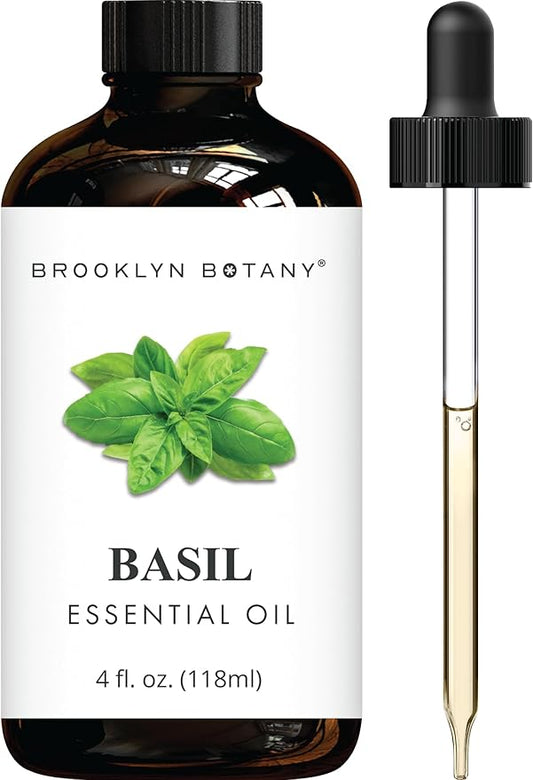 Brooklyn Botany Basil Essential Oil - Huge 4 Fl Oz - 100% Pure and Natural - Premium Grade with Dropper - for Aromatherapy and Diffuser