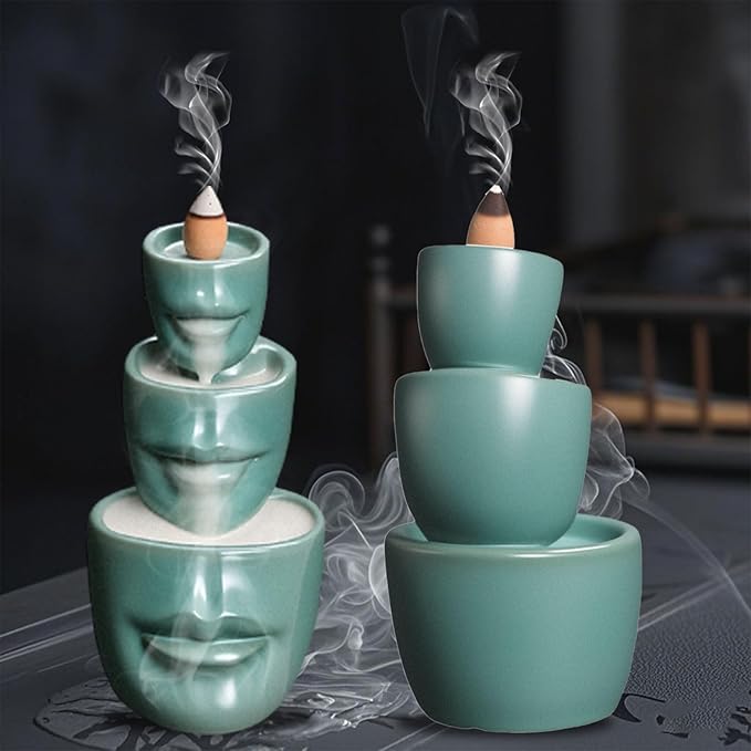 Comeon Backflow Incense Burner Holder, Face Handicraft Decor, Resin Reverse Flow Incense Burner Censer Cone + 20 Backflow Incense Cones 30 Incense Sticks 1 Tweezer 1 Mat (Matte Green)