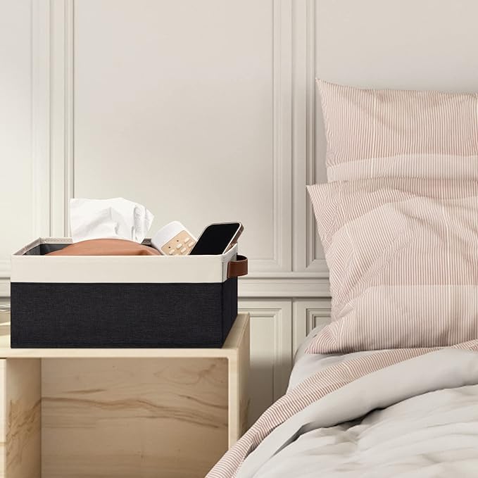 GhvyenntteS Storage Baskets for Shelves 12 Pack, Fabric Storage Bins with Leather Handles, Foldable Rectangular Storage Baskets for Organizing Home, Office (Black/White, 11.8" x 7.87" x 5.11")