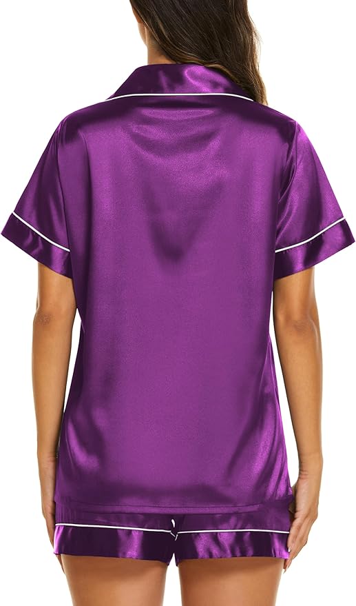 Ekouaer Silk Pajamas for Women Short Sleeve Sleepwear Soft Button Down Loungewear 2 Piece Satin Pjs Shorts Set S-XXL