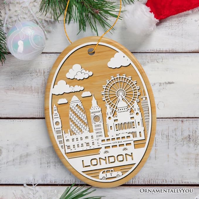 London City Unique Paper Art Themed Ceramic Christmas Ornament (Oval)