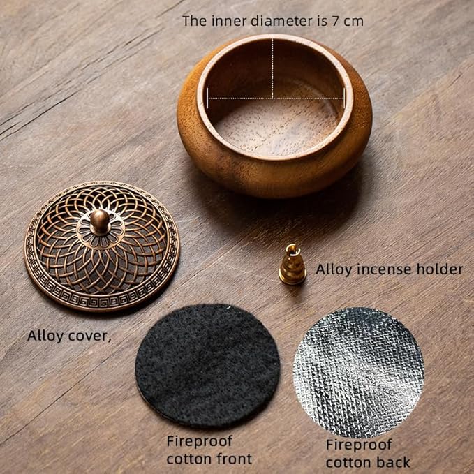 Round Incense Burner - Handcrafted Wooden Censer with Alloy Lid for Sticks/Cones/Sage, Natural Wood Aroma Tray Holder for Yoga Meditation