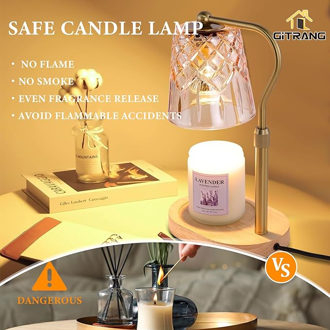 Candle Warming Lamp with Timer Dimmer, Adjustable Height Electric Wax Melt Warmer for Jar Candles with 3 Bulbs, Mother's Day Women's Home Decor Gift, Oval Base with Copper Color Pole