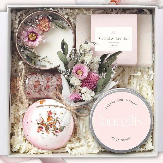 Orchid & Jasmine Spa Box for Women – Birthday, Christmas & Pink Gifts, Self Care & Relaxation Set with Candle, Soap & Bath Salts – Elegant Ready-to-Give Package for Mom, Sister, or Friend