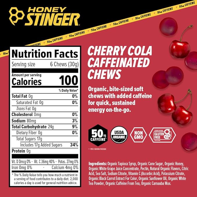 Honey Stinger Cherry Cola Caffeinated Energy Chew, Gluten Free, with Caffeine, for Exercise, Running and Performance, Sports Nutrition for Home & Gym, Pre and Mid Workout, 12 Pack, 23.2 Ounce