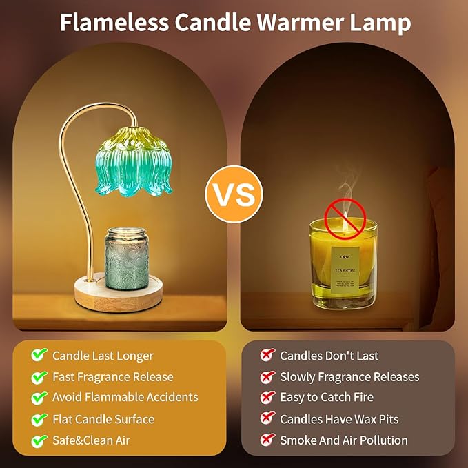 Dimmable Flower Candle Warmer Lamp, Candle Warmer with Timer & 4Bulbs, Womens Gifts for Christmas Birthday, Unique Home Decor for Bedroom Living Room Decor Aesthetic (Yellow/Green)