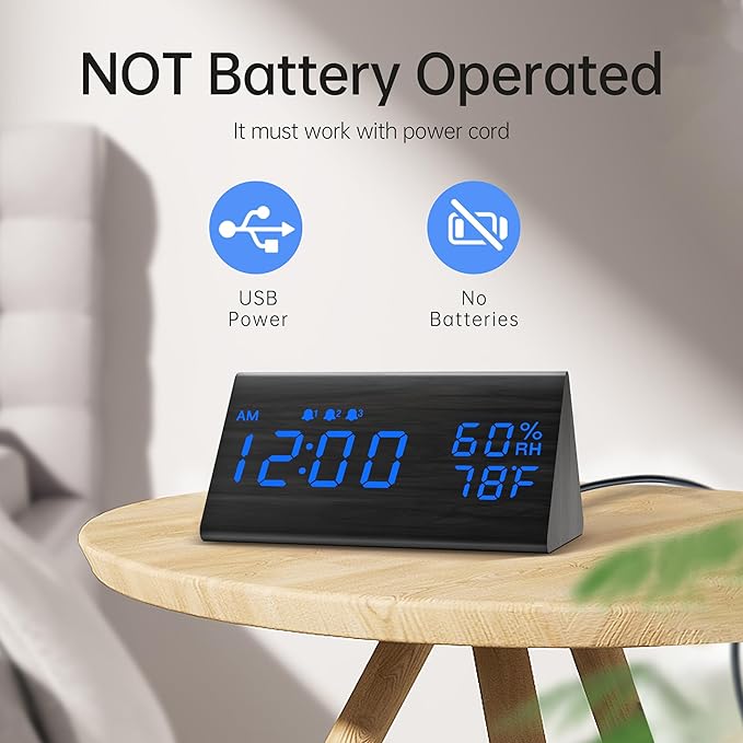 Digital Alarm Clock, with Wooden Electronic LED Time Display, 3 Alarm Settings, Humidity & Temperature Detect, Wood Made Electric Clocks for Bedroom, Bedside (Black - Blue Led)