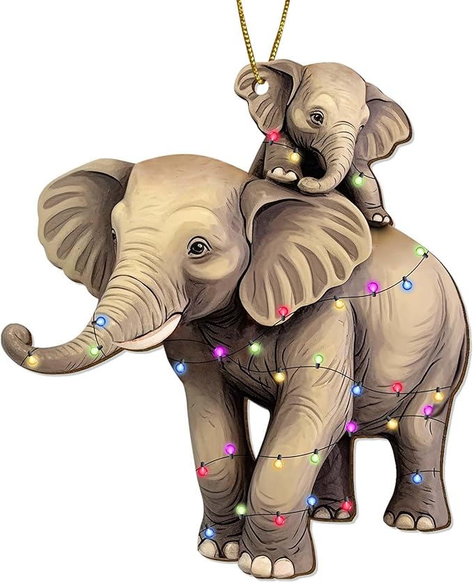 2 Side Printed Elephant Wooden Christmas Ornaments, Keepsake for Women, Men and Friends, Elephant Family Christmas Tree Ornaments, Animal Christmas Tree Decorations