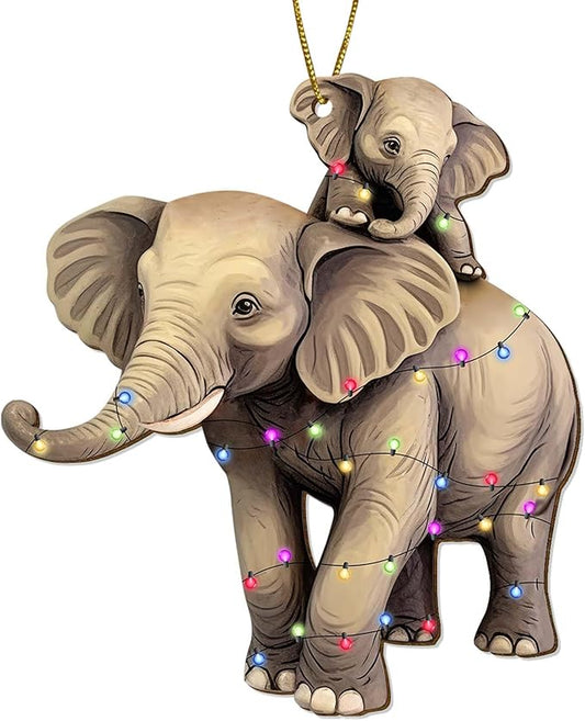 2 Side Printed Elephant Wooden Christmas Ornaments, Keepsake for Women, Men and Friends, Elephant Family Christmas Tree Ornaments, Animal Christmas Tree Decorations