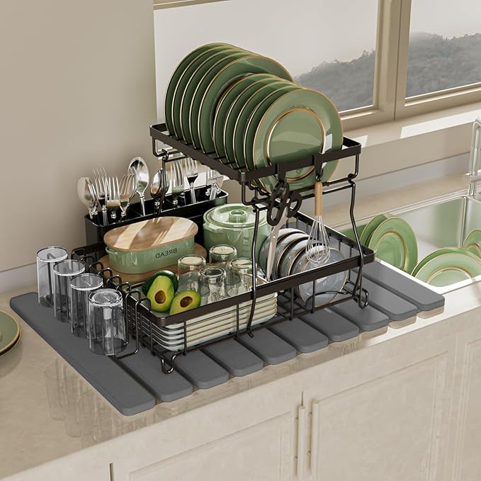 Foldable Stone Bath Mat, Quick Dry Stone Drying Mats for Bathroom, Super Absorbent Bath Mat, Non Slip, Large Diatomaceous Earth Dish Drying Mats for Kitchen Counter 23.5 x 15.4in, Dark Gray