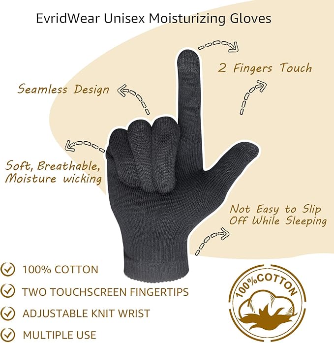 Evridwear Men Moisturizing Cotton Gloves with Touchscreen Fingertips for Eczema Beauty Cosmetic Dry Hands Sensitive Irritated Skin Therapy Overnight Bedtime, 6 Pairs, Lightweight-Black, L/XL