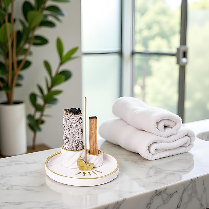 Ceramic Incense Holder Burner, Sage Holder for Burning, Palo Santo Sticks Holder, 5.51" Ash Catch Tray, Smudge Dish for Meditation Yoga, Modern Home Decor Gift