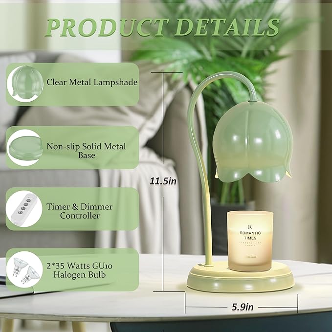 Candle Warmer Lamp Green, Dimmable Scented Wax Melt Warmer with Timer, Lamp Candle Warmer for Womens Gifts, Housewarming Gifts for Home Bedroom Decor, Xmas Birthday Gifts for Mom