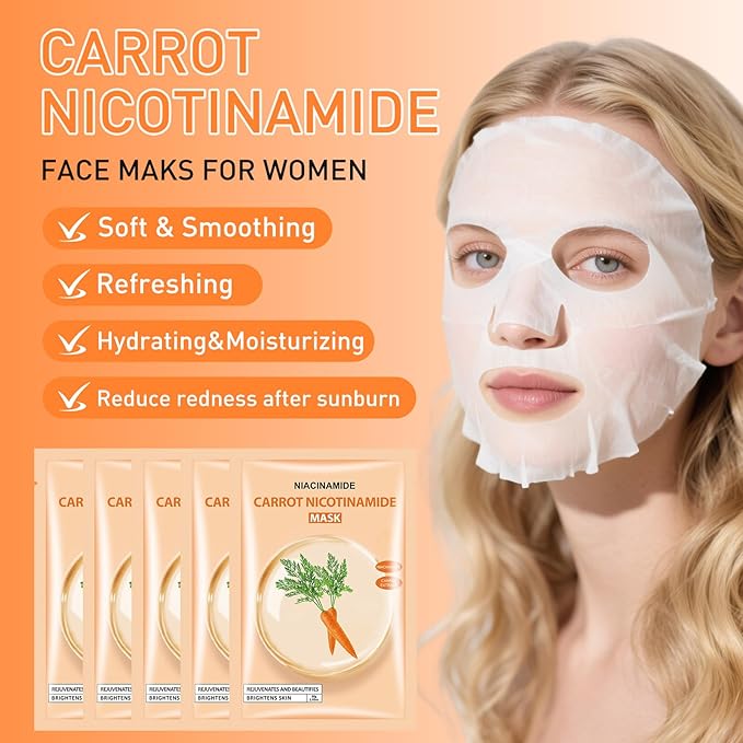 Carrot Nicotinamide Facial Mask for Women,Hydrating Face Mask Sheet Home SPA,Moisturizing Face Sheet Mask for Dry,Oily,Sensitive Skin 30ml（5Pack）