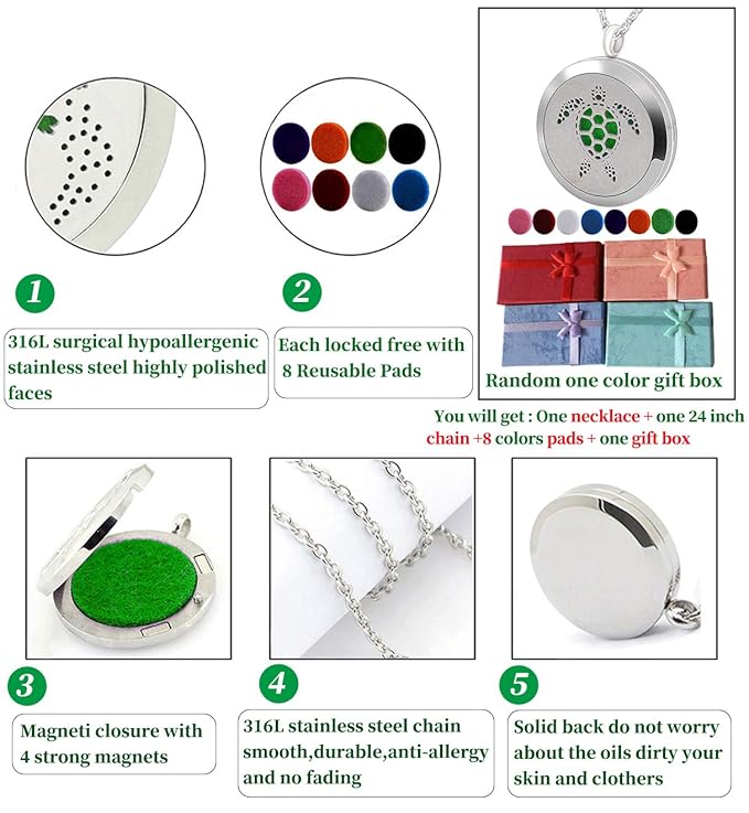 Essential Oil Diffuser Necklace, Aromatherapy Stainless Steel Turtle Chain Pendant Locket Jewelry for Men Women