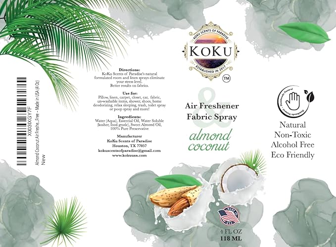 Almond Coconut Air Freshener - Room Spray - Odor Eliminator - Deodorizer - Car Air Freshener - Home Spray - Linen Spray - Fabric Refresher - Non-Toxic - Alcohol Free – Made in USA (4 Oz)