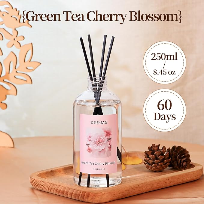 Green Tea Cherry Blossom Diffuser with 20 Black Fiber Sticks, 6.7 oz Diffusers for Home Essentials Bathroom,Last up to 60 Days（200ml