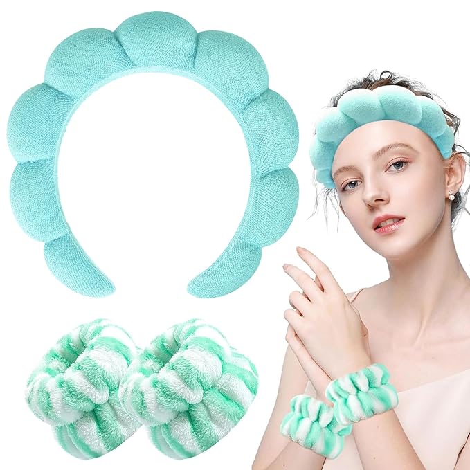 Zkptops Spa Headband for Washing Face Sponge Makeup Skincare Headband Bubble Hairband for Women Girls Fashion Headband Christmas Gifts Puffy Headwear Non Slip Thick Thin Hair Accessory(Turquoise)