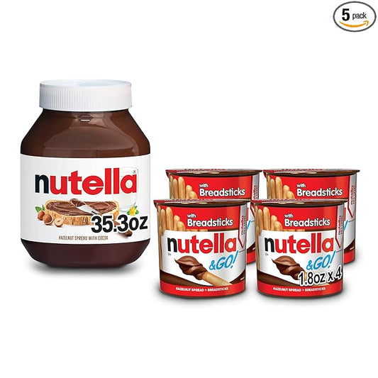 Nutella and Nutella & GO! Bundle, Hazelnut Spread with Cocoa Jar and Snack Packs with Breadsticks, 35.3 oz Jar and 4-Pack