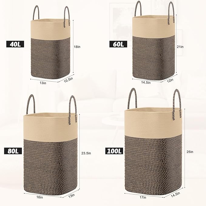 Laundry Basket,Woven Cotton Rope Laundry Hamper,Versatile Storage for Dirty Clothes,Baby Toys,and Blankets in Bathroom, Nursery,and Living Room (Jute, 100L)