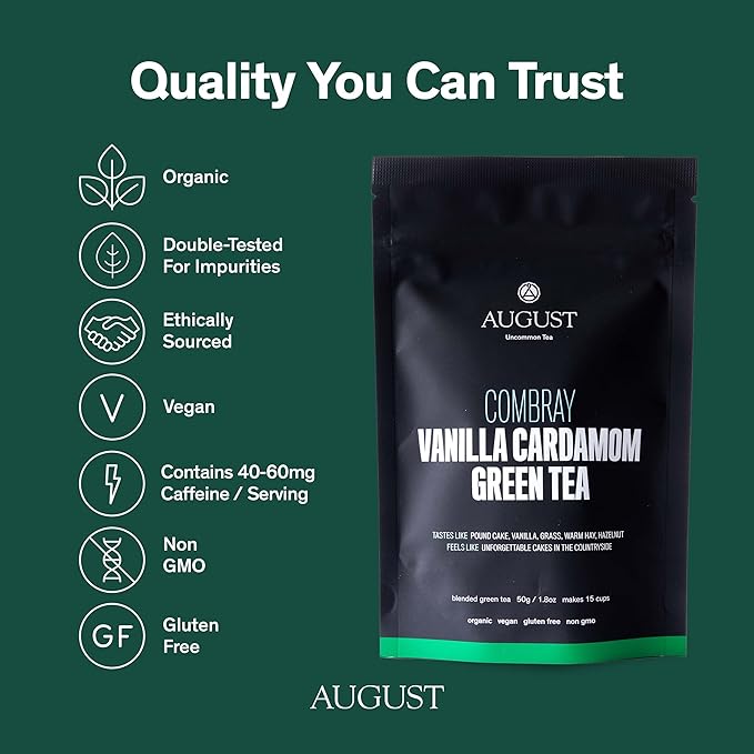 August Uncommon Combray Loose Leaf Tea – Organic Vanilla and Cardamom Green Tea – Vegan, Gluten-Free, and Non-GMO Organic Tea – Bold Dessert-Inspired Flavor in a Resealable 1.8oz Pouch (15-30 Cups)