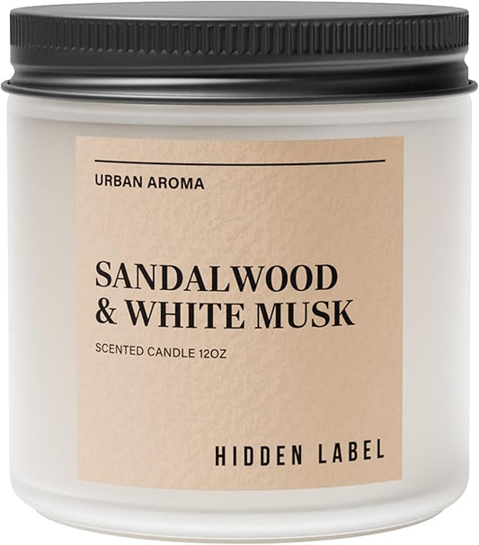 Hidden Label Sandalwood & White Musk Scented Candle - 12oz Natural Soy Non Toxic 70H Burn Time 2 Wick Aromatherapy Candle for Home Decor,Stress Relief & Relaxation