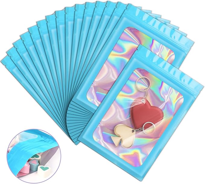 100 Pieces Smell Proof Mylar Resealable Bags, Holographic Packaging Bags, Resealable Odor Foil Pouch Zip Bags with Clear Window for Food Storage and Lipgloss, Jewelry Lash (Blue, 6.3 x 9.4 Inch)
