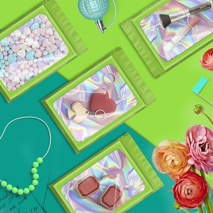 ANZNKU 100 Pcs Smell Proof Mylar Resealable Bags, Holographic Packaging Bags, Resealable Odor Foil Pouch Zip Bag with Clear Window for Food Storage and Lipgloss, Jewelry Lash(Green, 3.9 x 7.1 Inch)