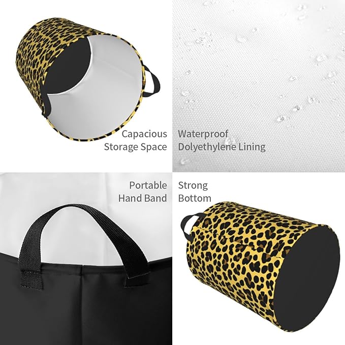 Laundry Basket Golden Leopard Print Collapsible Large Capacity, 63L Dirty Clothes Basket Durable Lightweight Hamper With Handles Ideal For Clothes,Toys Home Organization19.6 * 15.7in