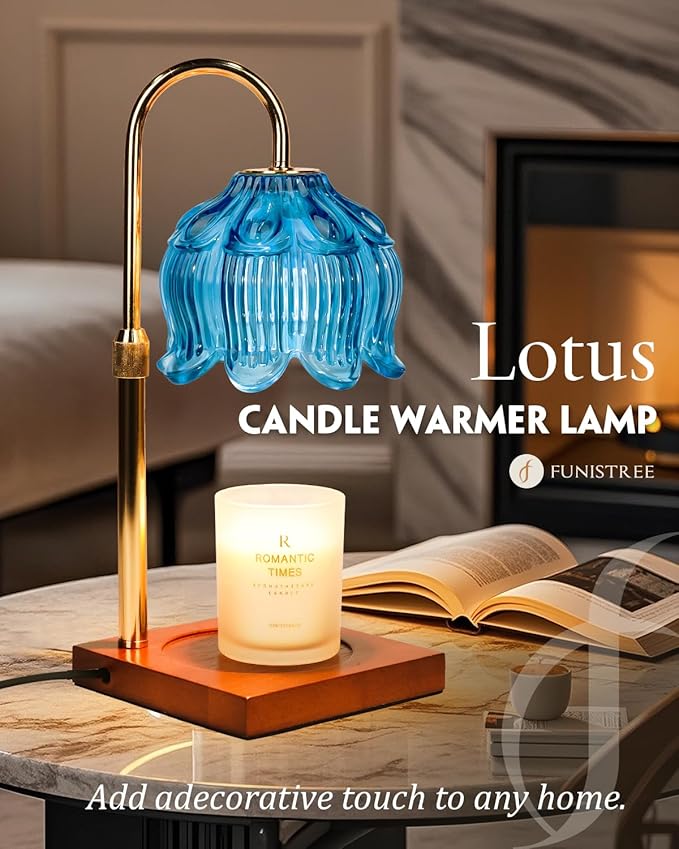 Candle Warmer Lamp with Timer Dimmable, Height Adjustable Birthday Gifts for Women Mom House Warming, Home Decor, Lotus Flower Candle Lamp Warmer 2 Bulbs Inc (Blue)