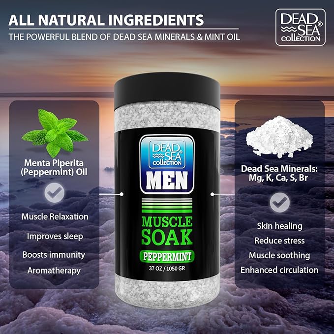 Dead Sea Collection Bath Salts for Men with Peppermint Oil - Muscle Recovery Bath Soak – Mens Pure Dead Sea Salt for Soothing and Relaxing – 37 Oz