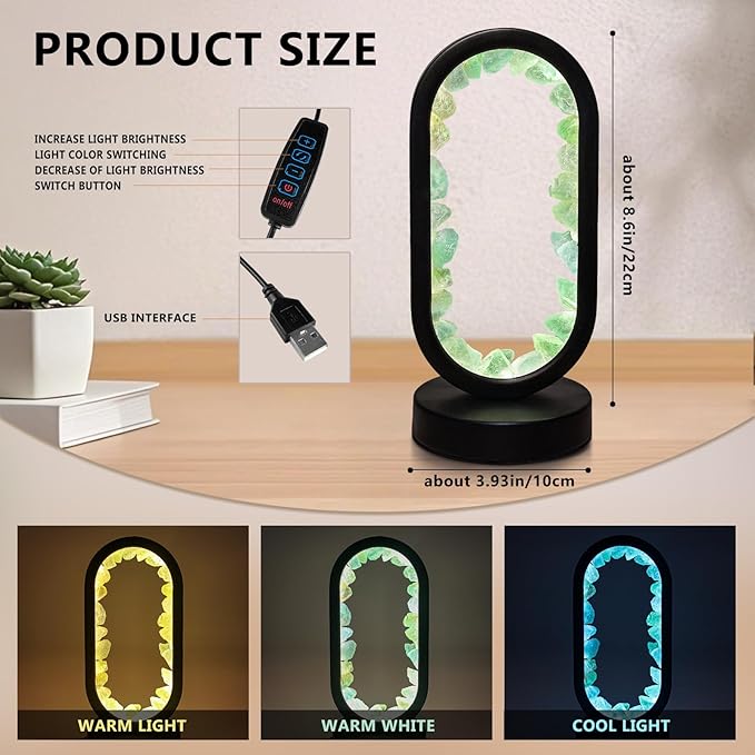 Crystal Night Light,3 Colors Ambient Lighting USB Dimming Healing Crystal Table Lamp,Natural Energy Crystal Decor for Bedroom Home Dating Gift (Green, Ellipse)