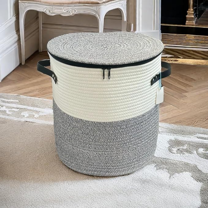 Cotton rope Storage Basket with Zipper cover & Woven baskets with Lid for Books, Blankets, hats, jackets，Multi-Purpose Storage Basket for Living Room,Christmas gifts. 14x13inches(Grey+White)