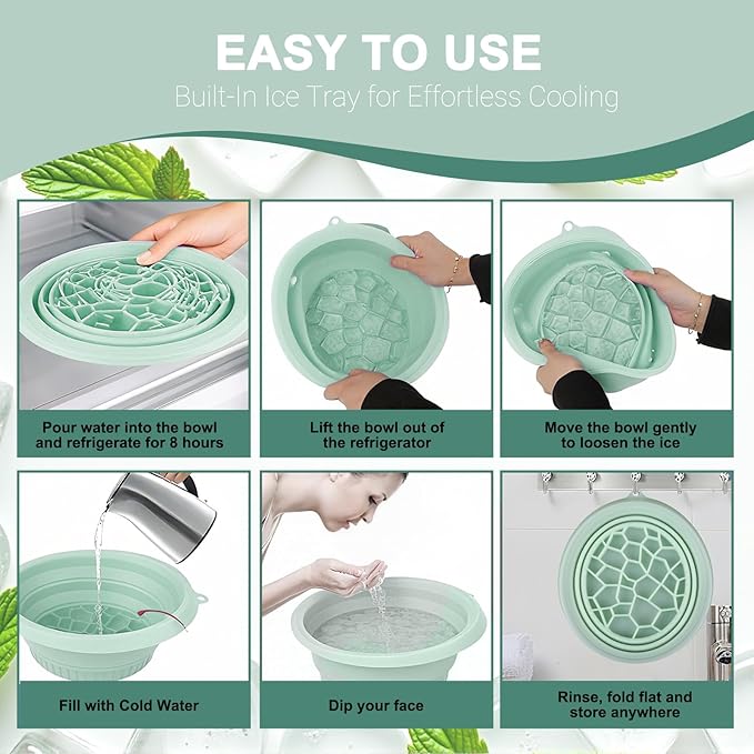Face Bowl for Ice with Built-in Ice Tray – Collapsible Silicone Facial Ice Bath Bowl for Cold Plunge Therapy, Acne Relief & Skin Tightening – Green Home, Camping & Travel Portable Spa Tool