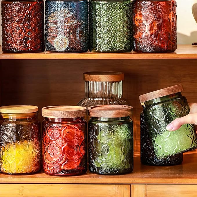 ANSQU Set of 4 Vintage Glass Storage Jars, 23.7oz Glass Coffee Canisters Decoraitve Mason Jars Sugar Containers with Airtight Wooden Lids for Kitchen Pantry, Cookie Jars (Sunflower)