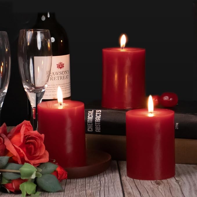 KONNI Dark Red Pillar Candles Set of 3, 3"x 6" Unscented Pillar Candles Bulk, 56 Hours Long Burning Candles, Smokeless&Dripless Large Round Candle for Wedding, Home Decoration, Parties, Spas, Dinner