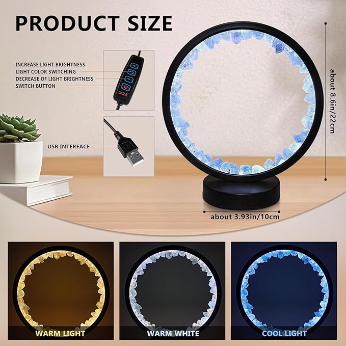 Crystal Night Light,3 Colors Ambient Lighting USB Dimming Healing Crystal Table Lamp,Natural Energy Crystal Decor for Bedroom Home Dating Gift (Blue, Circle)