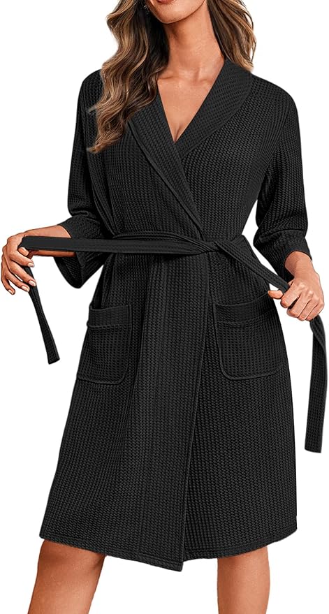 Ekouaer Robes for Women Waffle Knit Bathrobe Lightweight Kimono Robe Knee Length Loungewear with Pockets