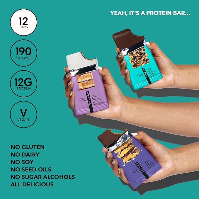 TRUBAR Vegan Protein Bar Variety Pack, Assorted Flavors, Peanut Butter, Macchiato, Cookie Dough, Gluten Free, Vegan Protein Snacks, 12G Plant-Based Protein, High Fiber, Healthy Protein Bars, 12 CT