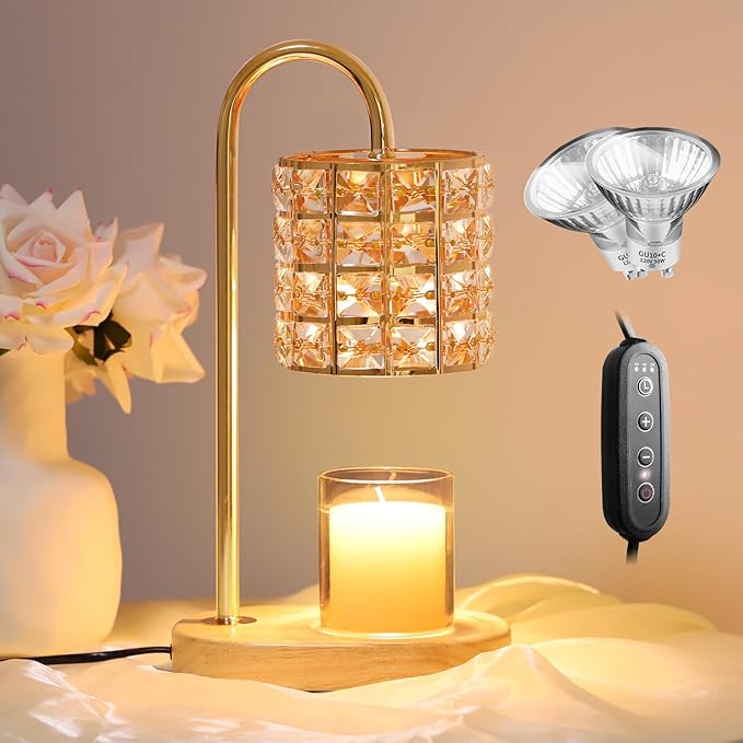 Candle Warmer Lamp, Wax Warmer Lamp with 2 Bulbs, Timer & Dimmer 7-Levels, Candle Top Melting Compatible Jar Candles, Glass Candle Heater Lamp for Scented Wax, Gifts for Mom Home Decor (Amber)