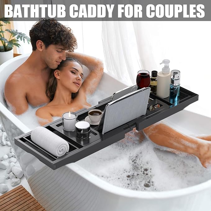Bathtub Tray Caddy, Expandable Bath Trays for Tub, Bamboo Shelf & Table with Wine Glass Holder,Bathroom Accessories for New Home & Mothers Day & Birthday Gifts for Mom,Black