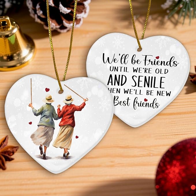 1pc 2 Side Printed We'll Be Friends Ceramic Ornament 2025, Heart-Shaped Christmas Tree, Cute Keepsake Decoration
