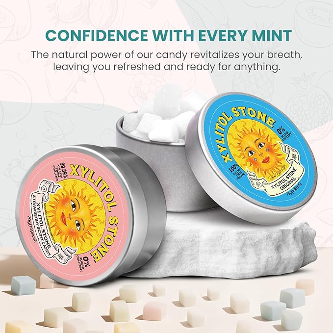Xylitol Stone Sugar Free Candy - Vegan & Keto Friendly Unique Hard Candy - 100% Natural Flavor Candies - Gluten Free & Non-GMO Breath Freshener Low Calorie Mints - Pack of 2 (Original, Strawberry)